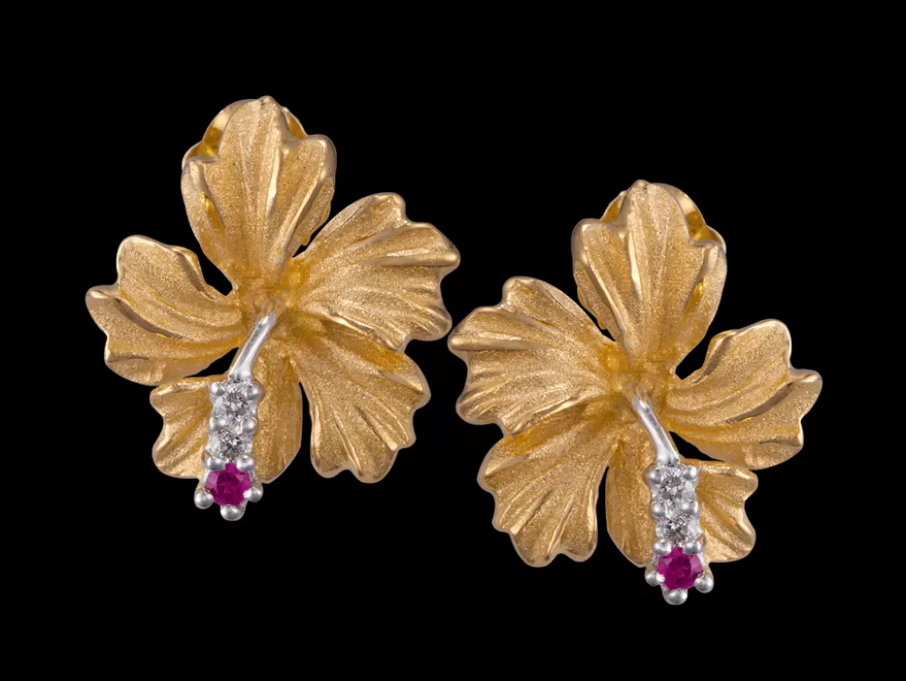 Earrings | Denny Wong 13Mm 14K Hibiscus Earrings With 4 Diamonds And 2 Rubies