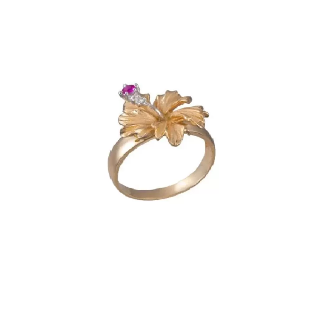 Rings | Denny Wong 13Mm 14K Hibiscus Ring With 2 Diamonds And Ruby