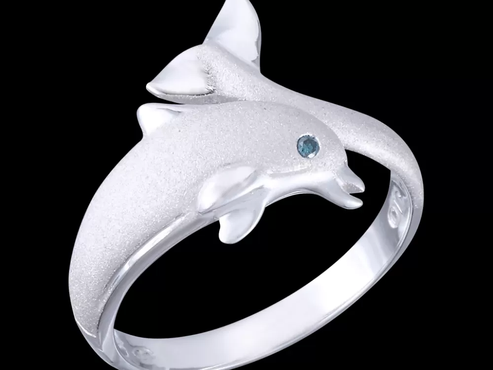 Hawaiian Jewelry | Denny Wong 14K 10Mm "Jumping Single" Dolphin Ring With Blue Diamond