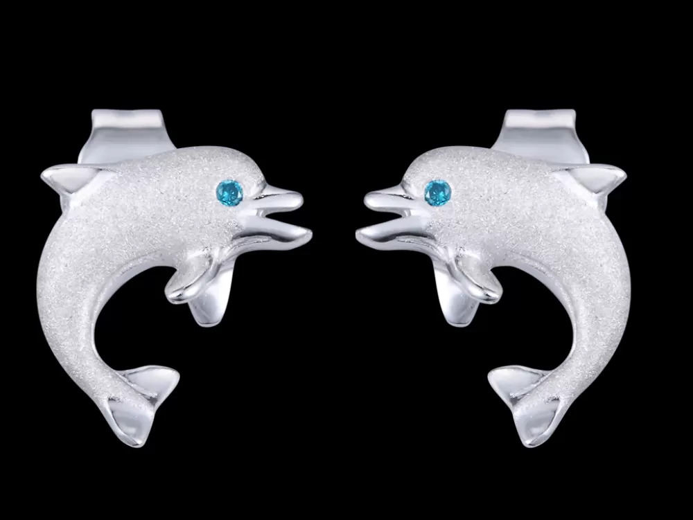 Earrings | Denny Wong 14K 10Mm "Jumping Single" Dolphin Stud Earrings With 2 Blue Diamonds
