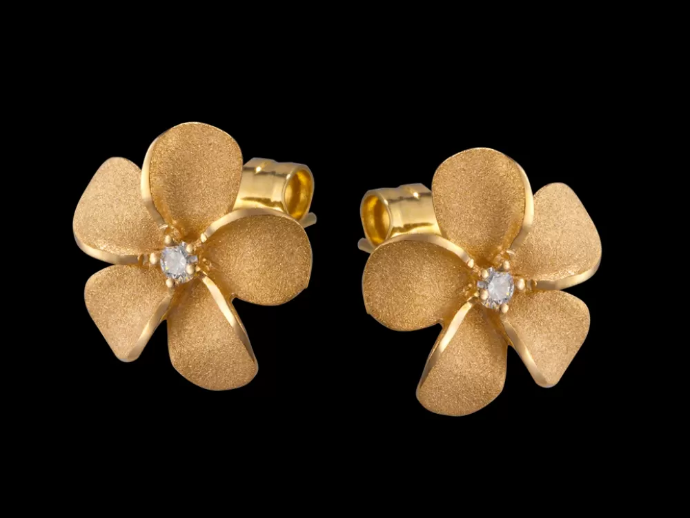 Hawaiian Jewelry | Denny Wong 14K 11Mm Plumeria Earrings With 2 Diamonds