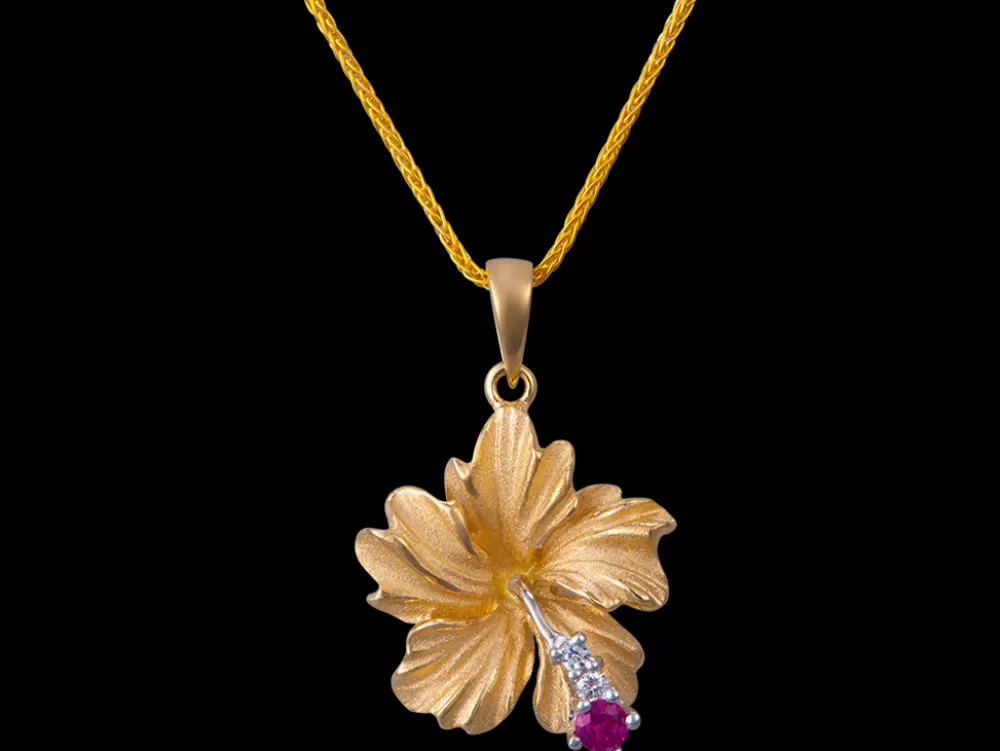 Hawaiian Jewelry | Denny Wong 14K 15Mm Hibiscus Pendant With 2 Diamonds And Ruby