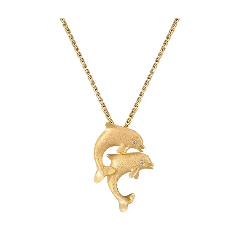 Hawaiian Jewelry | Denny Wong 14K 15Mm "Jumping Couple" Dolphin Pendant With 2 Diamonds