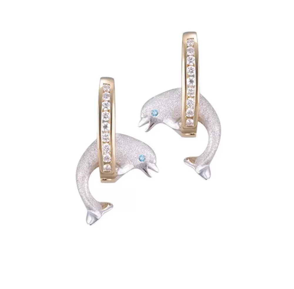 Earrings | Denny Wong 14K 15Mm "Jumping Loop" Dolphin Earrings With 18 Diamonds