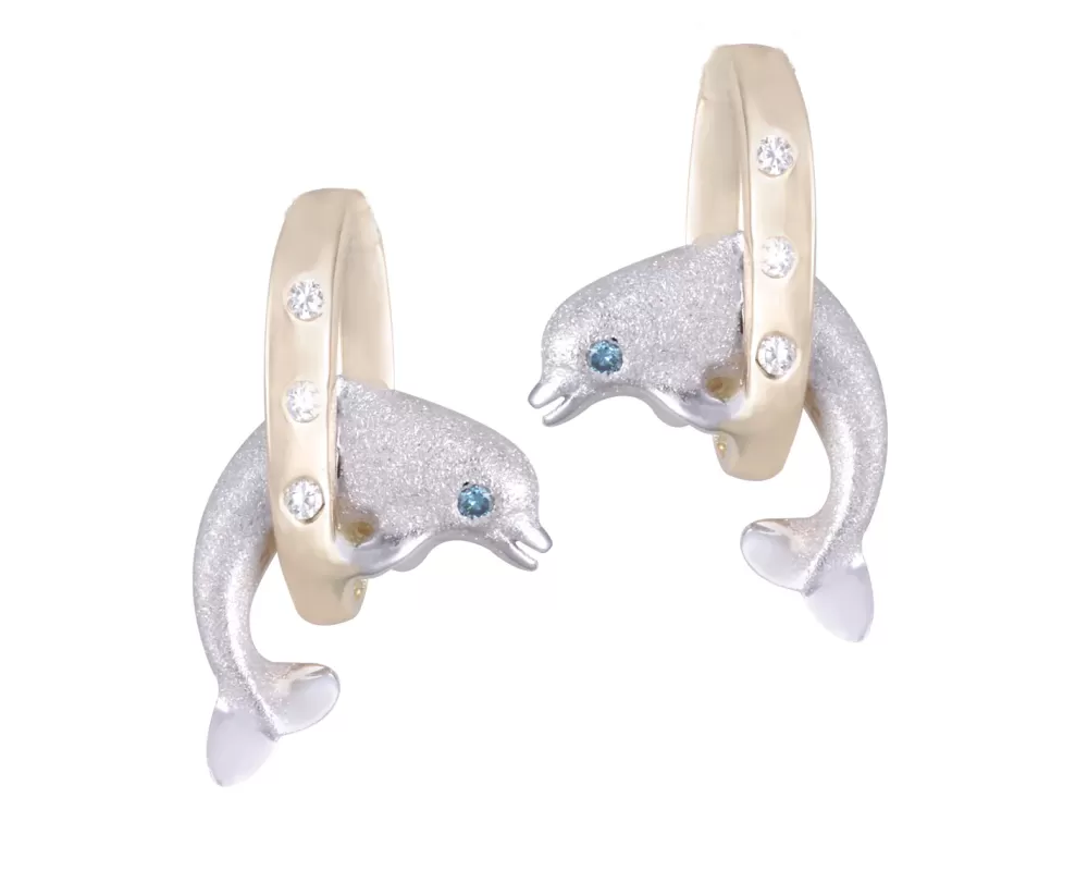 Earrings | Denny Wong 14K 15Mm "Jumping Loop" Dolphin Earrings With 6 Diamonds