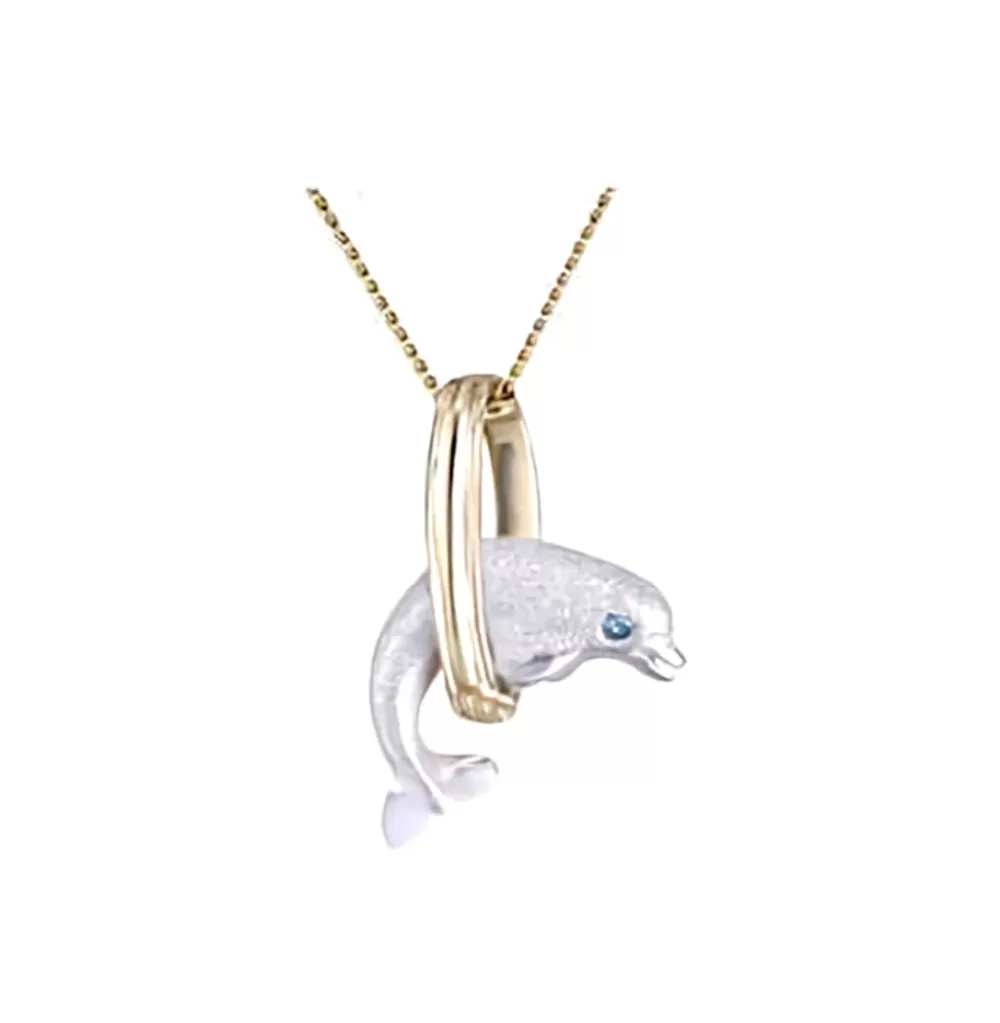 Pendants & Necklaces | Denny Wong 14K 15Mm "Jumping Loop" Dolphin Pendant With 0.01 Blue Diamond