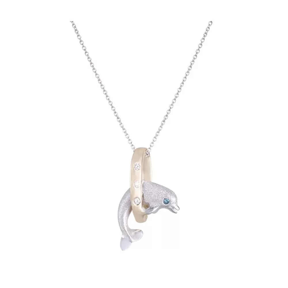 Hawaiian Jewelry | Denny Wong 14K 15Mm "Jumping Loop" Dolphin Pendant With 3 Diamonds