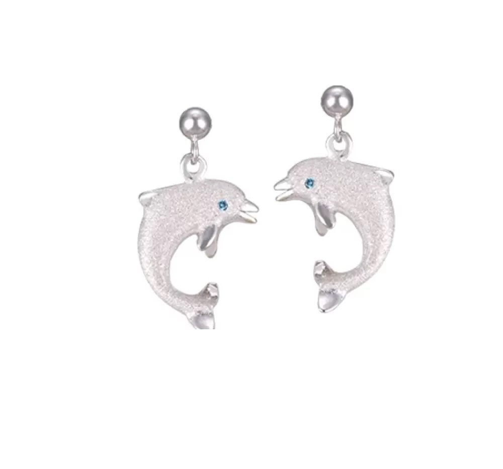 Earrings | Denny Wong 14K 15Mm "Jumping Single" Dolphin Ball Post Earrings With 2 Blue Diamonds