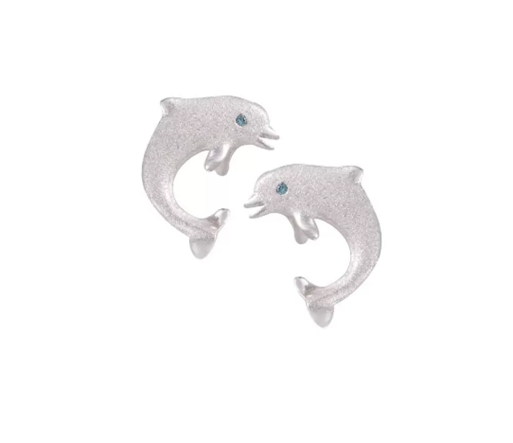 Earrings | Denny Wong 14K 15Mm "Jumping Single" Dolphin Stud Earrings With 2 Blue Diamonds