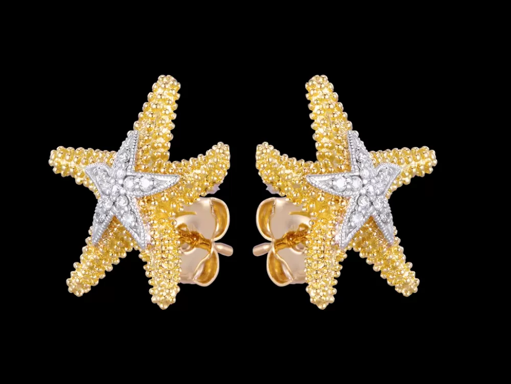 Hawaiian Jewelry | Denny Wong 14K 16Mm Starfish Earrings With 22 Diamonds