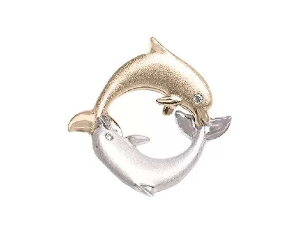 Hawaiian Jewelry | Denny Wong 14K 20Mm "Chasing Couple" Dolphin Pendant With 2 Diamonds