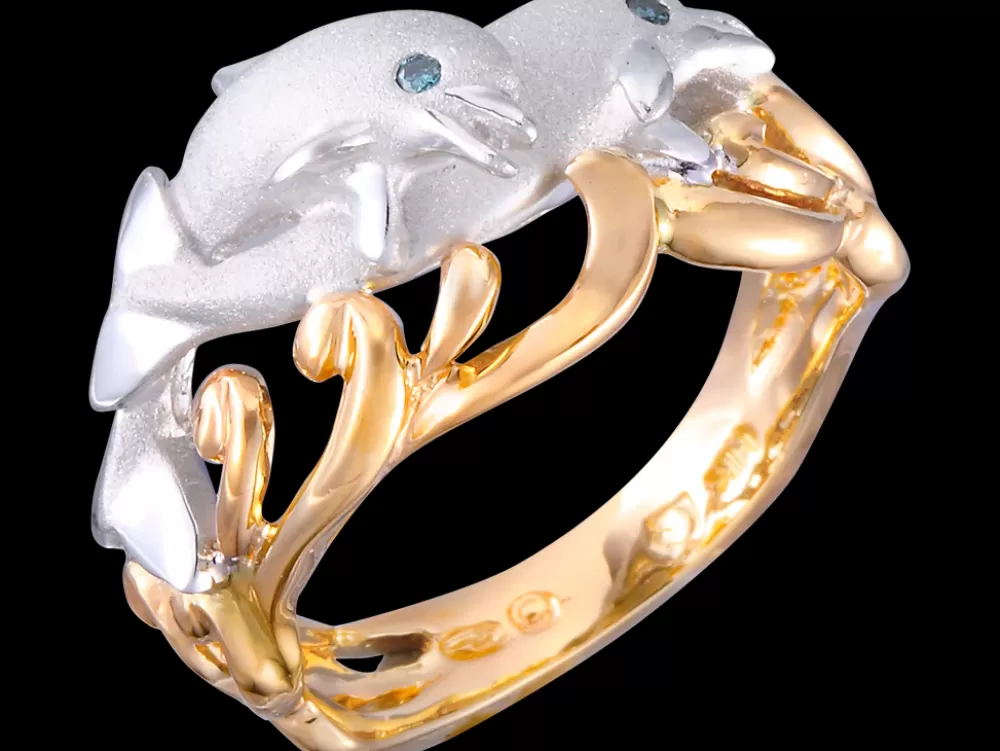 Hawaiian Jewelry | Denny Wong 14K 20Mm "Flipping Couple" Dolphin Ring With 2 Blue Diamonds