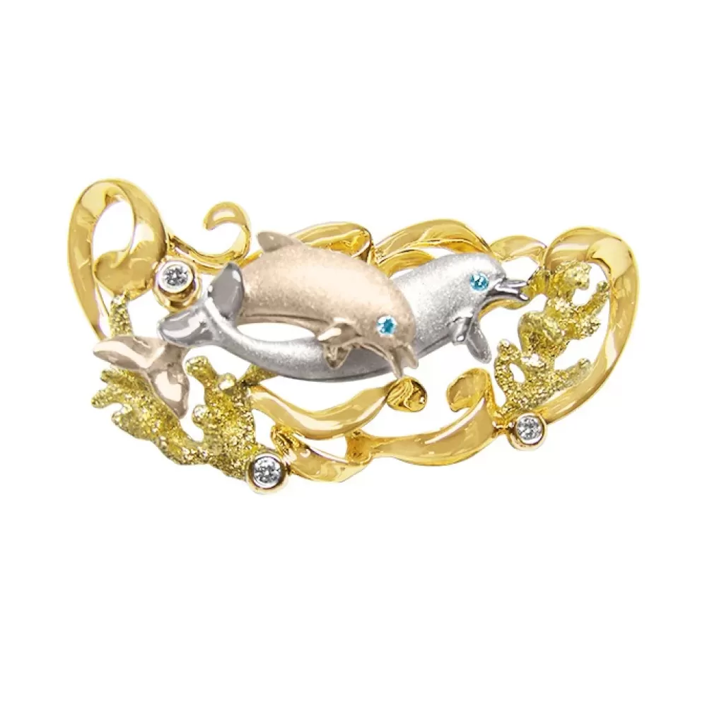 Pendants & Necklaces | Denny Wong 14K 20Mm "Flipping Couples" Dolphin Pendant With 2 Blue Diamonds