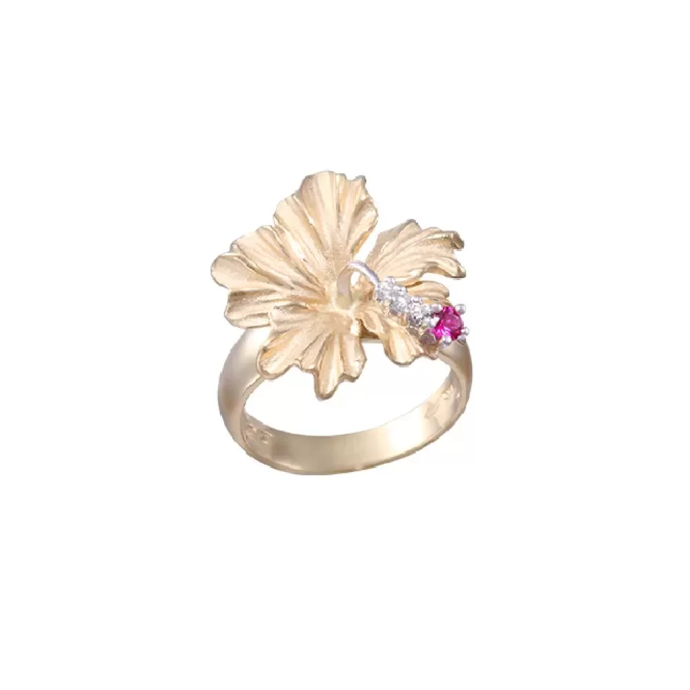 Rings | Denny Wong 14K 20Mm Hibiscus Ring With 3 Diamonds And Ruby