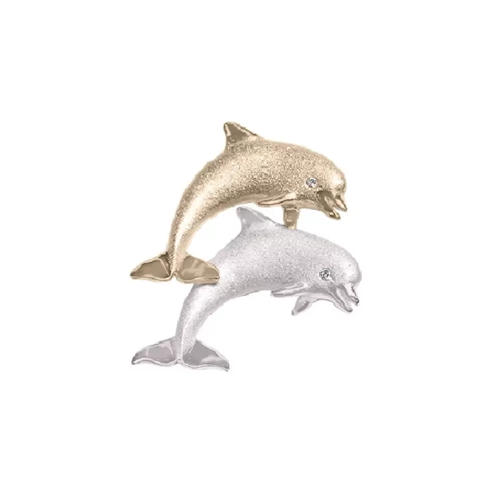 Hawaiian Jewelry | Denny Wong 14K 20Mm "Jumping Couple" Dolphin Pendant With 2 Diamonds