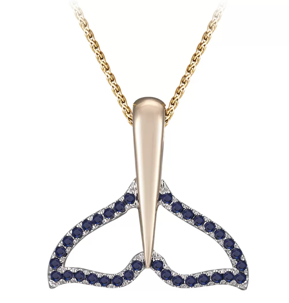 Hawaiian Jewelry | Denny Wong 14K 20Mm Whale Tail Pendant With 34 Blue Sapphires