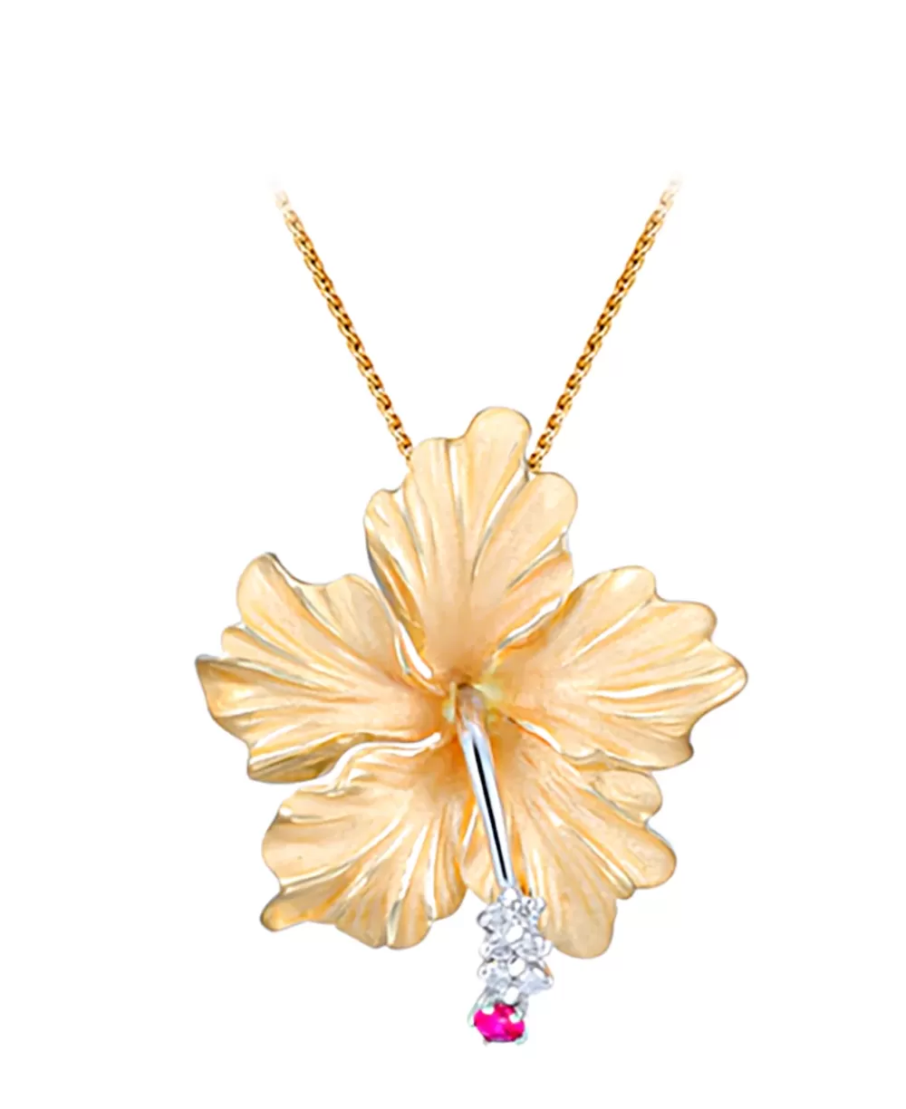 Hawaiian Jewelry | Denny Wong 14K 28Mm Hibiscus Pendant With 6 Diamonds And Ruby