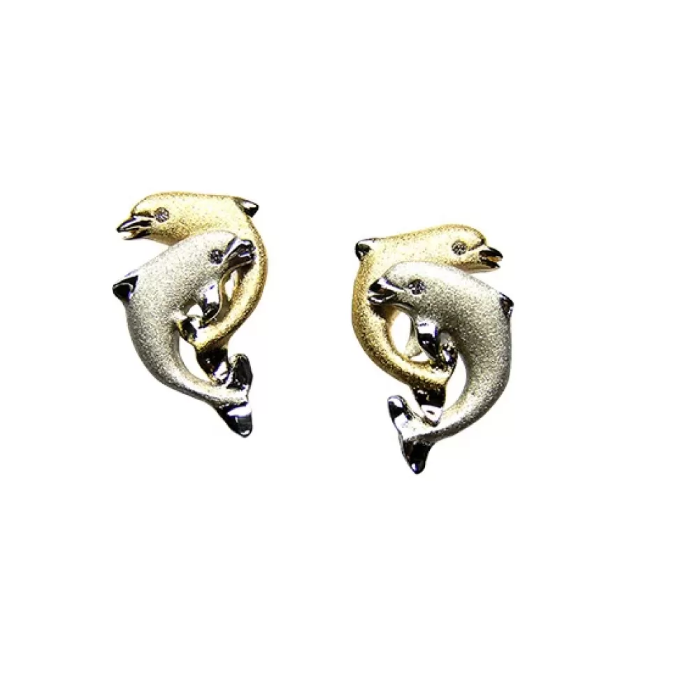 Earrings | Denny Wong 14K 2/Tone 15Mm "Dancing Couple" Dolphin Earrings With 4 Diamonds