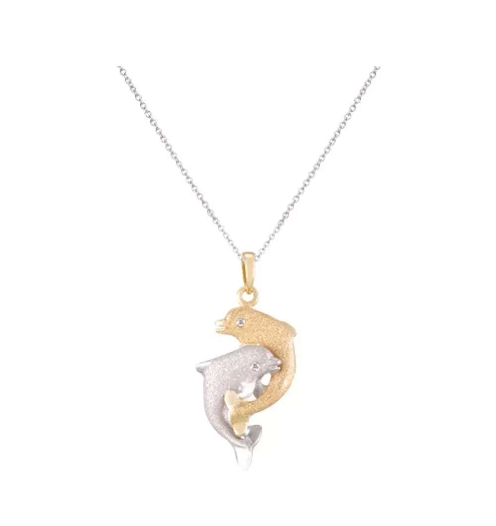 Pendants & Necklaces | Denny Wong 14K 2/Tone 15Mm "Dancing Couple" Dolphin Pendant With 2 Diamonds