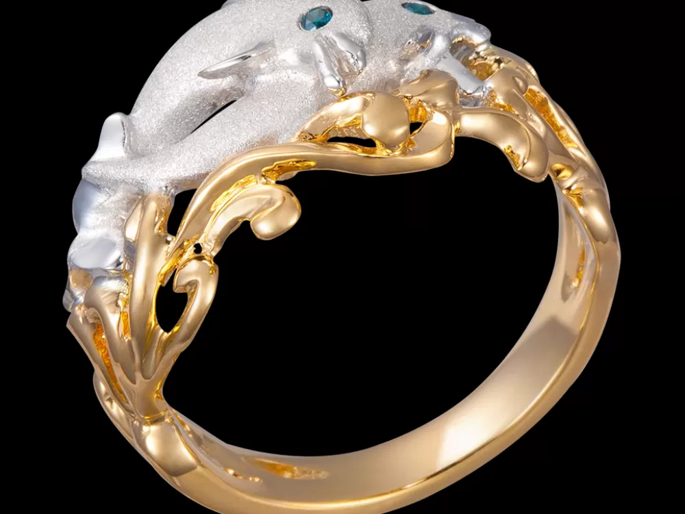 Hawaiian Jewelry | Denny Wong 14K 2/Tone 15Mm "Flipping Couple" Dolphin Ring With Blue Diamonds