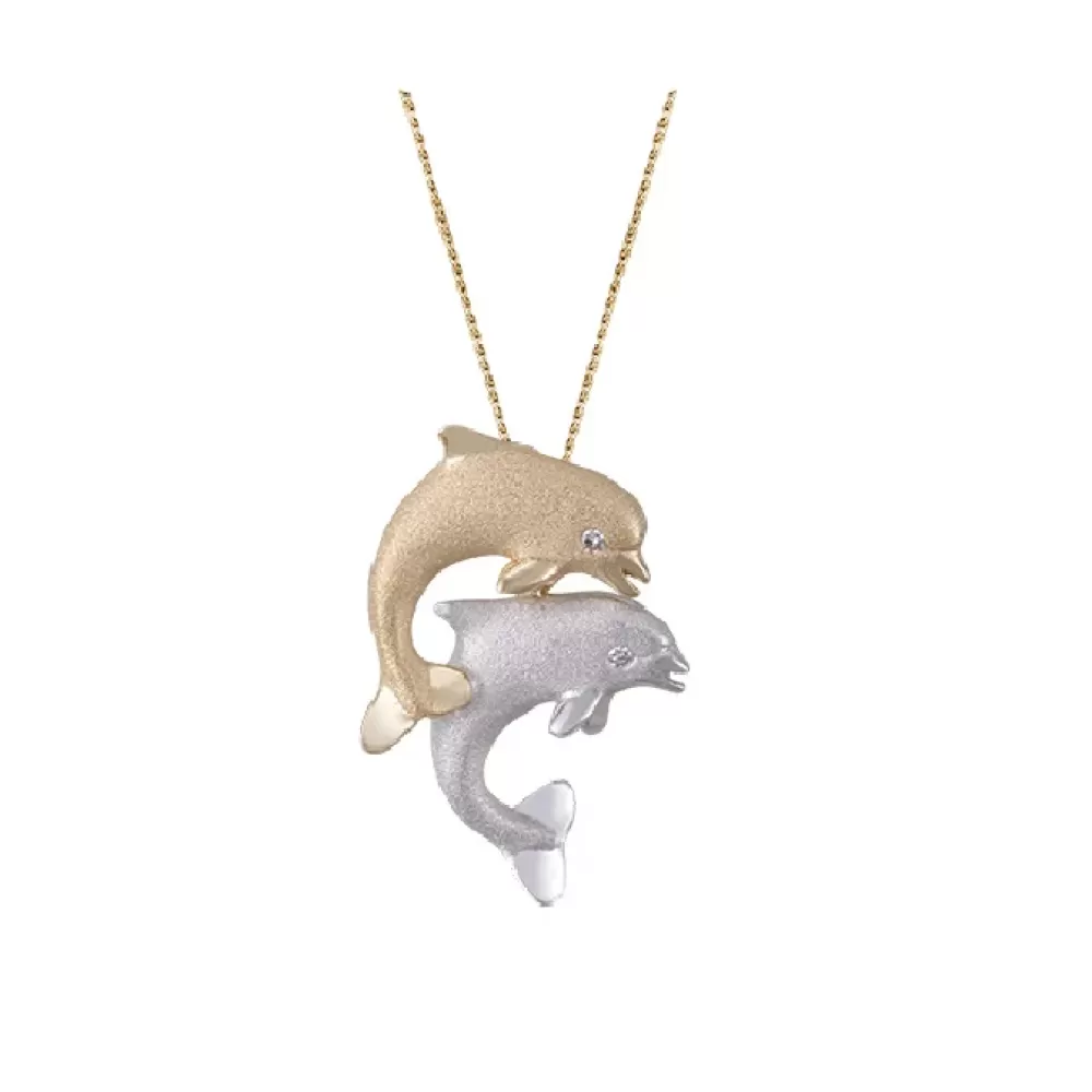 Pendants & Necklaces | Denny Wong 14K 2/Tone 15Mm "Jumping Couple" Dolphin Pendant With 2 Diamonds