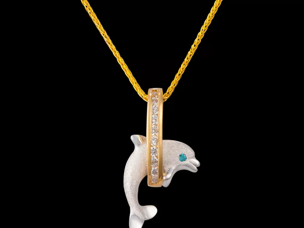 Pendants & Necklaces | Denny Wong 14K 2/Tone 15Mm "Jumping Loop" Dolphin Pendant With 10 Diamonds