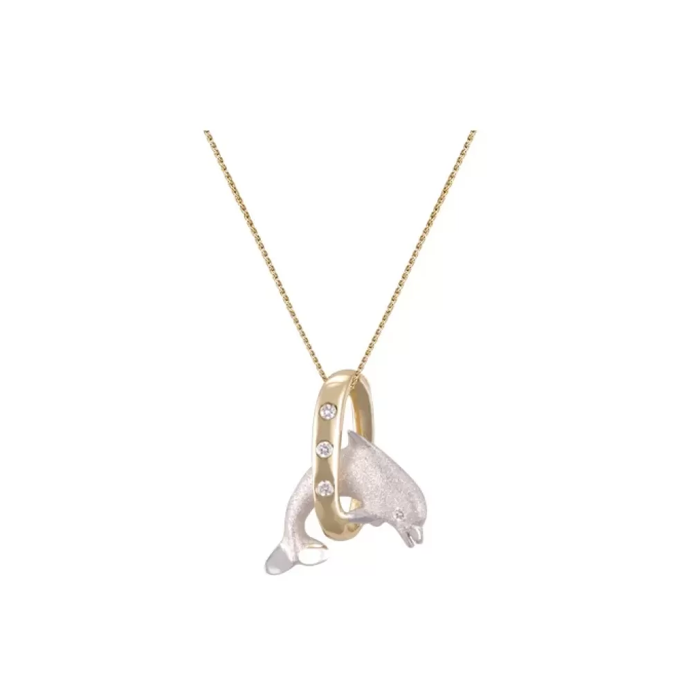 Pendants & Necklaces | Denny Wong 14K 2/Tone 15Mm "Jumping Loop" Dolphin Pendant With 4 Diamonds