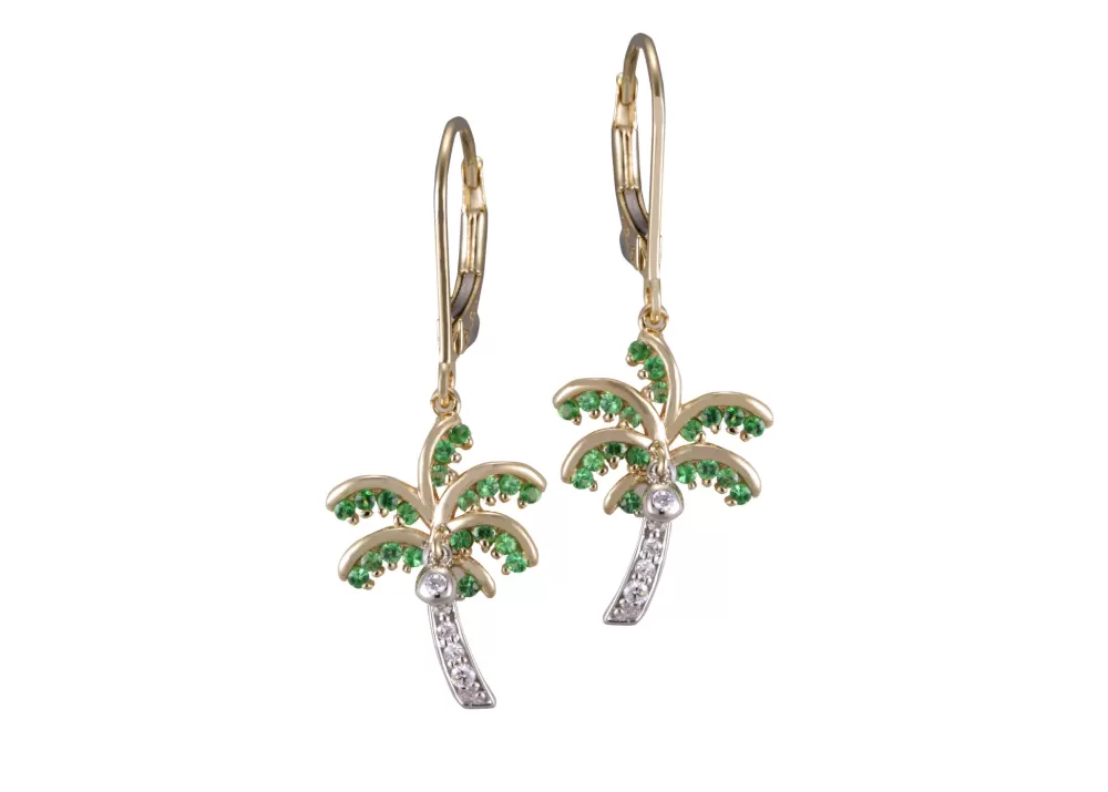 Earrings | Denny Wong 14K 2/Tone 15Mm Single Palm Tree Earrings With 10 Diamonds And 40 Tsavorites