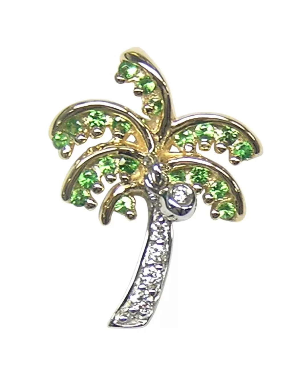 Hawaiian Jewelry | Denny Wong 14K 2/Tone 15Mm Single Palm Tree Pendant With 5 Diamonds & 20 Tsavorites