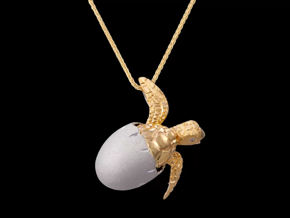 Hawaiian Jewelry | Denny Wong 14K 2/Tone 20Mm Hatching Turtle Pendant With 2 Diamonds