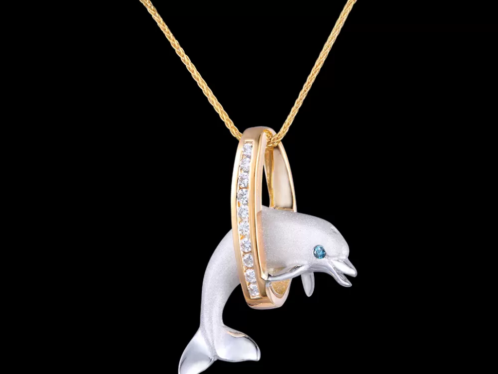 Pendants & Necklaces | Denny Wong 14K 2/Tone 20Mm "Jumping Loop" Dolphin Pendant With 10 Diamonds