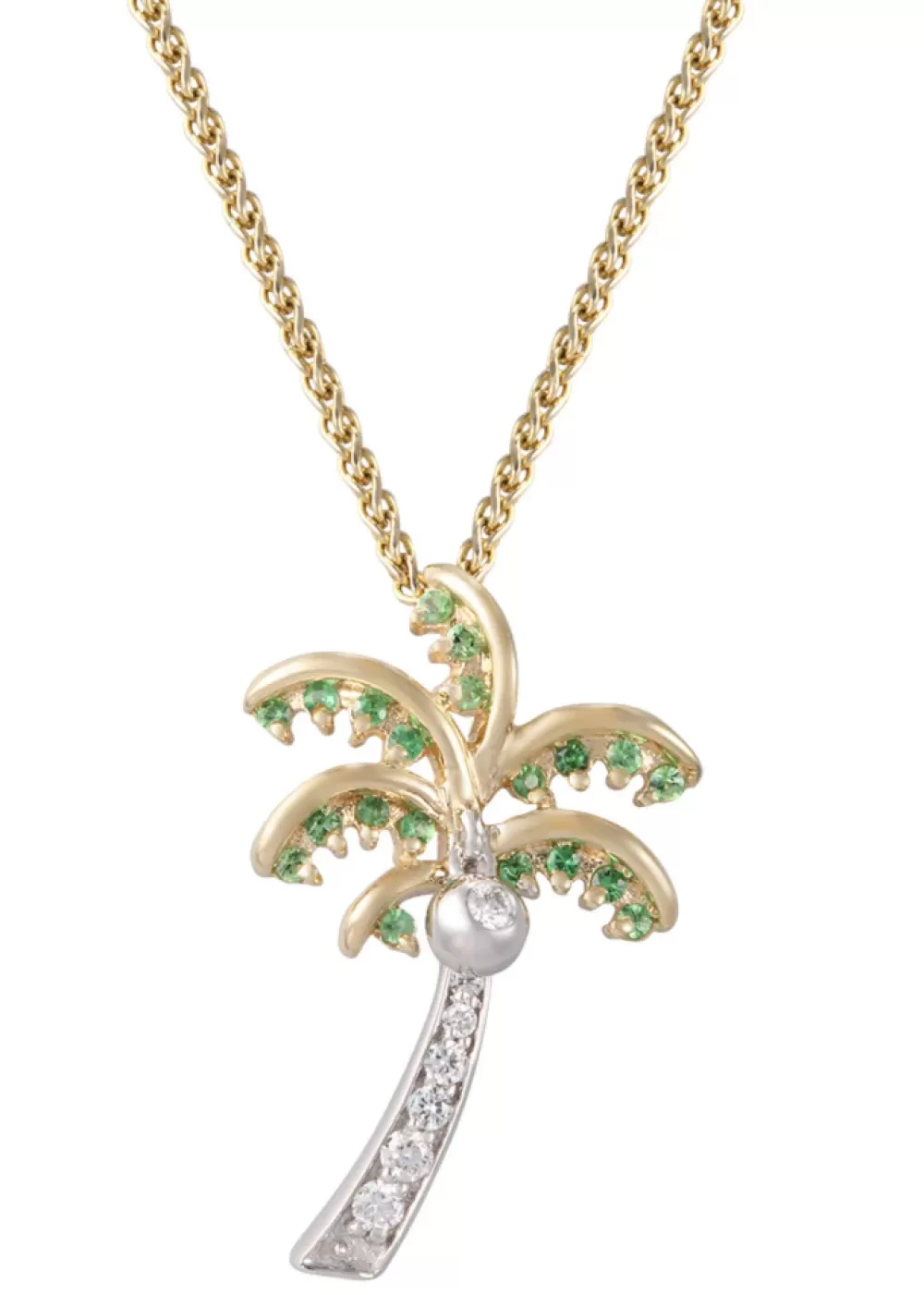 Pendants & Necklaces | Denny Wong 14K 2/Tone 20Mm Single Palm Tree Pendant With 8 Diamonds And 20 Tsavorites