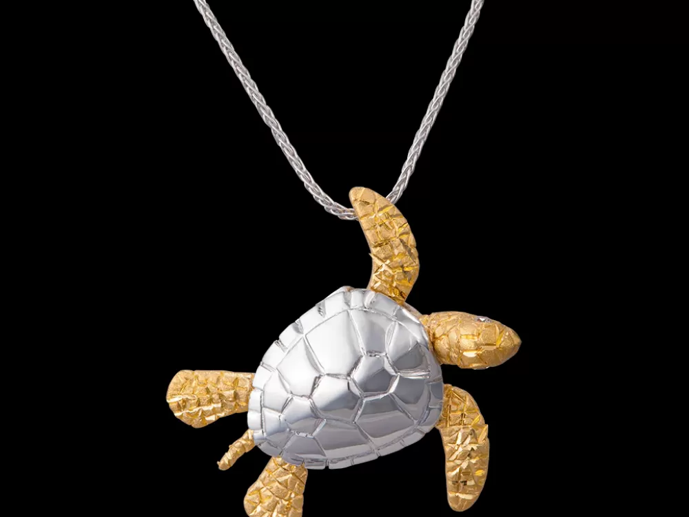 Hawaiian Jewelry | Denny Wong 14K 2/Tone 25Mm Sea Turtle Pendant With 2 Diamonds