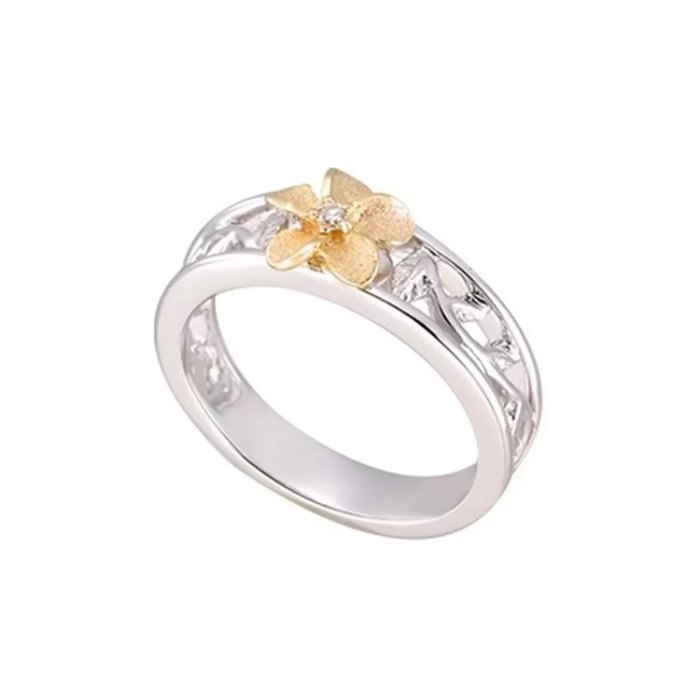 Hawaiian Jewelry | Denny Wong 14K 2/Tone 8Mm "Hang 5" Plumeria Diamond Ring