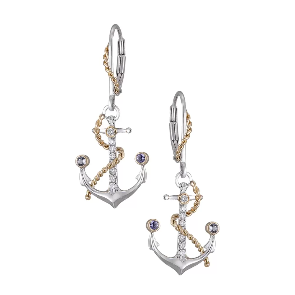 Earrings | Denny Wong 14K 2/Tone "Anchor" Dangle Leverback Earrings With 18 Diamonds And 4 Tanzanites
