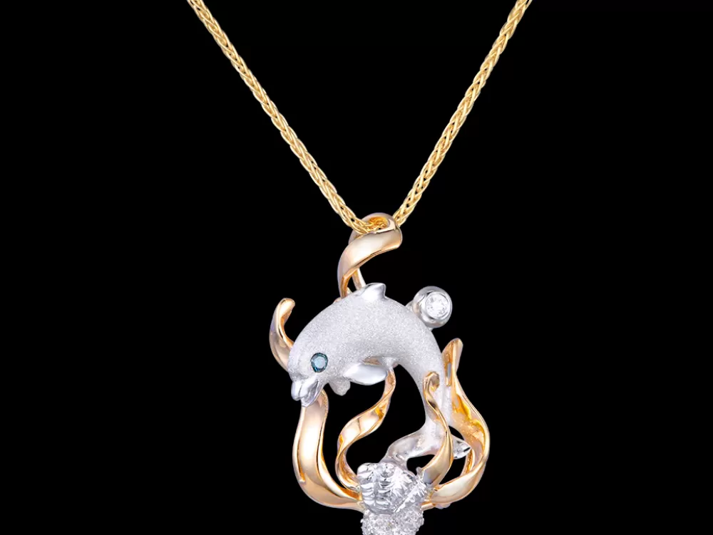 Pendants & Necklaces | Denny Wong 14K 2/Tone "Blue Lagoon' Dolphin Pendant With 0.01 Carat Blue Diamond