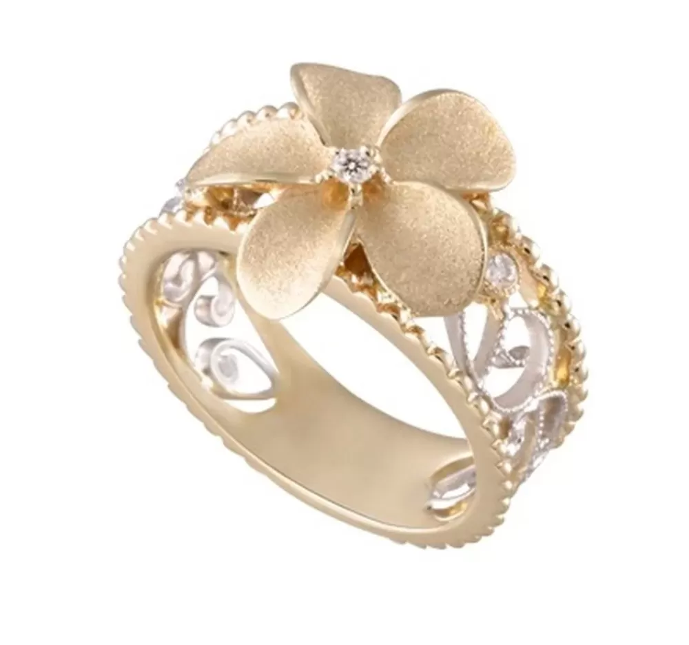 Rings | Denny Wong 14K 2/Tone Chandelier Plumeria Ring With 3 Diamonds