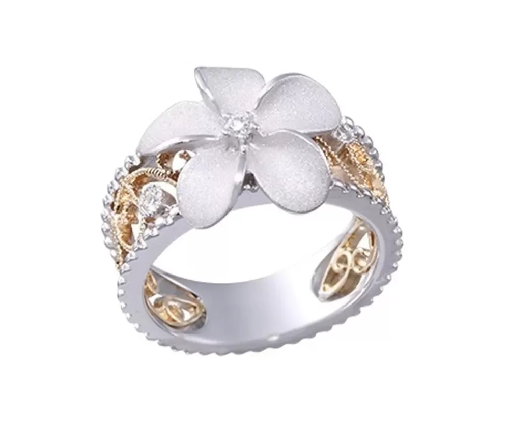 Rings | Denny Wong 14K 2/Tone Chandelier Plumeria Ring With 3 Diamonds