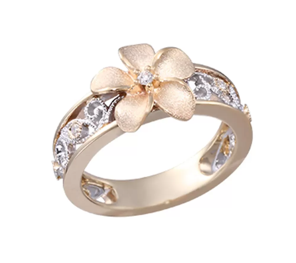 Hawaiian Jewelry | Denny Wong 14K 2/Tone Chandelier Plumeria Ring With 7 Diamonds