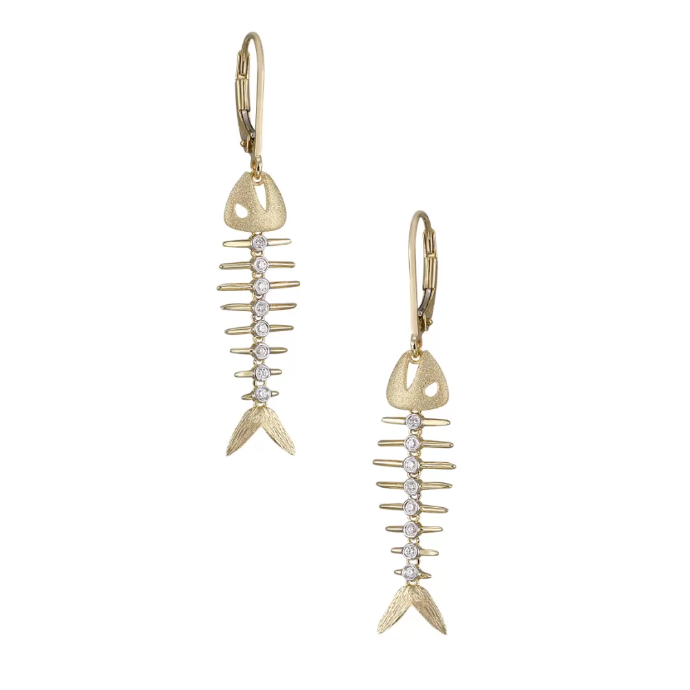 Earrings | Denny Wong 14K 2/Tone Fish Bone Earrings With 16 Diamonds