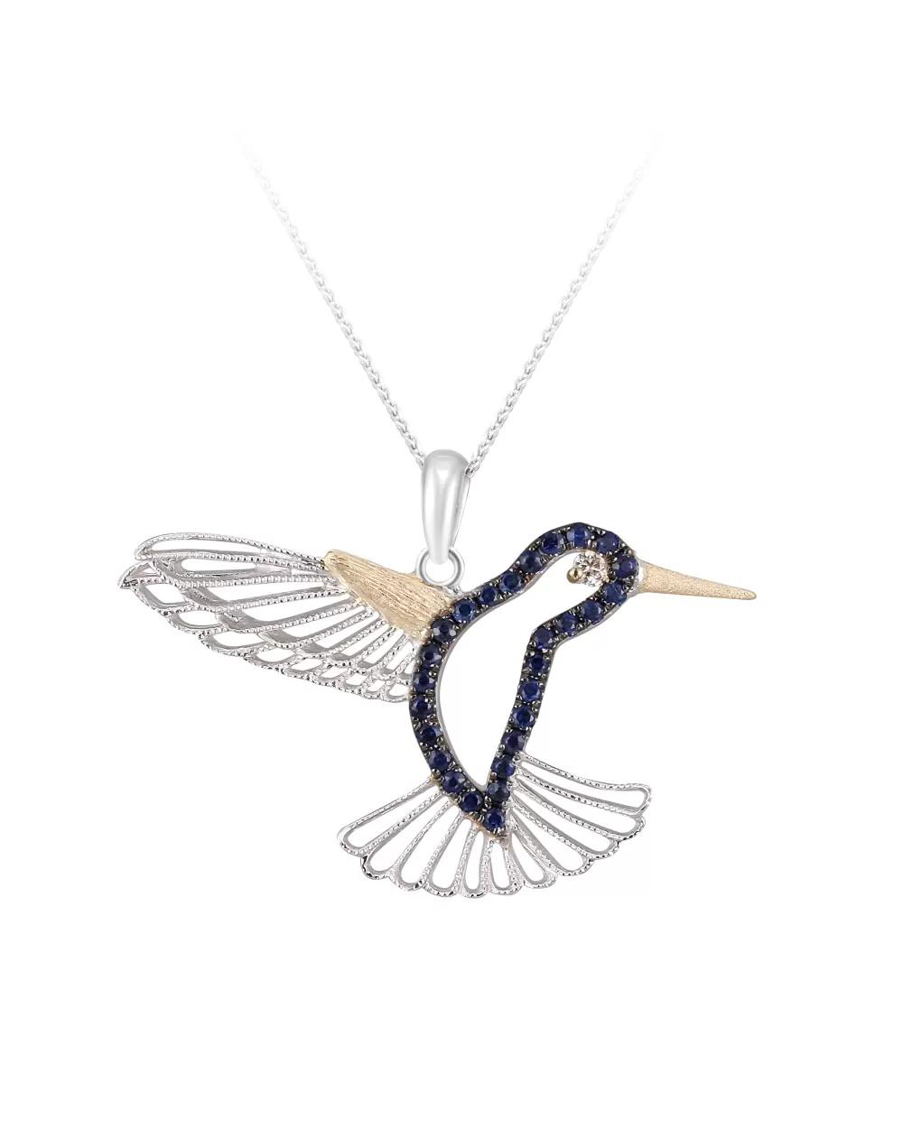 Hawaiian Jewelry | Denny Wong 14K 2/Tone Hummingbird Pendant With Diamond And 27 Blue Sapphires