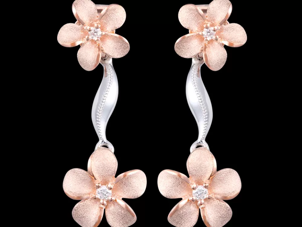 Hawaiian Jewelry | Denny Wong 14K 2/Tone Plumeria Lei Earrings With 4 Diamonds