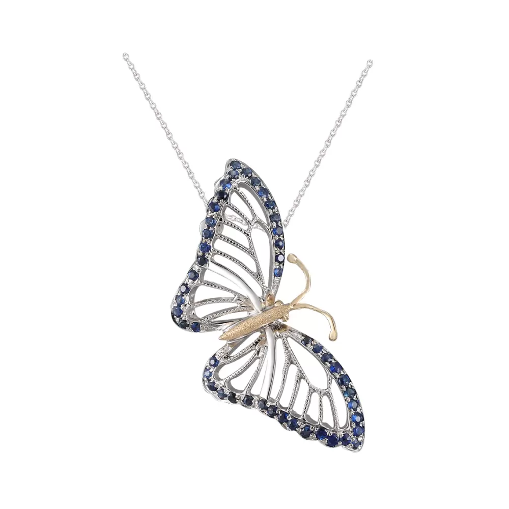 Pendants & Necklaces | Denny Wong 14K 2/Tone Single Butterfly (Blue Morpho) Pendant With 48 Blue Sapphires