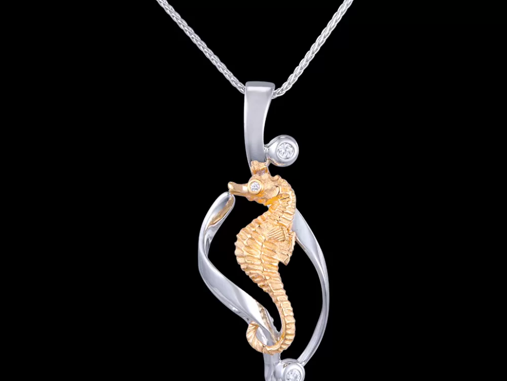 Hawaiian Jewelry | Denny Wong 14K 2/Tone Single Sea Horse Pendant With 3 Diamonds