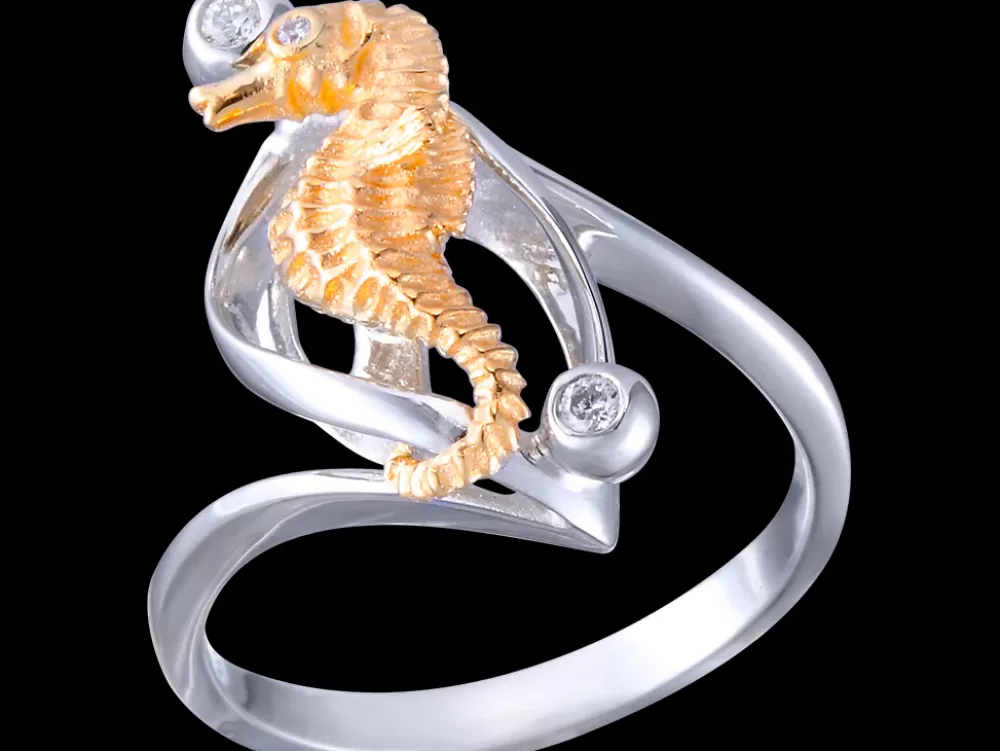 Rings | Denny Wong 14K 2/Tone Single Sea Horse Ring With 3 Diamonds