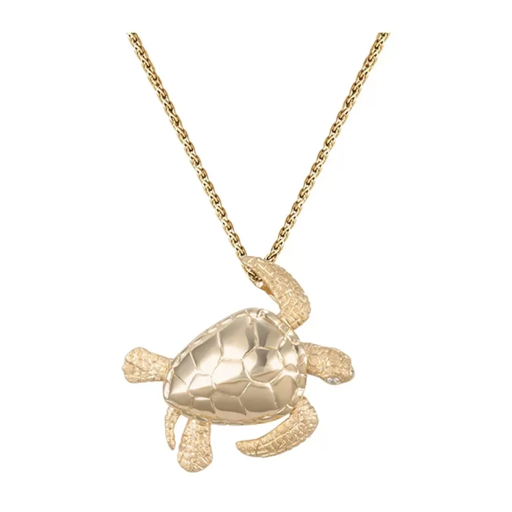 Hawaiian Jewelry | Denny Wong 14K 30Mm Sea Turtle Pendant With 2 Diamonds