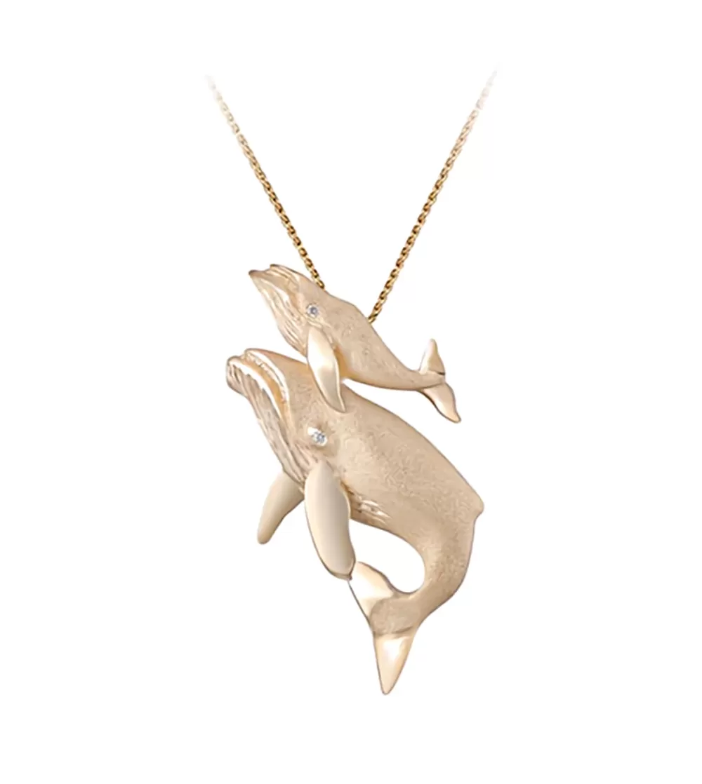 Hawaiian Jewelry | Denny Wong 14K 36Mm Whale Pendant "First Breath" With 2 Diamonds