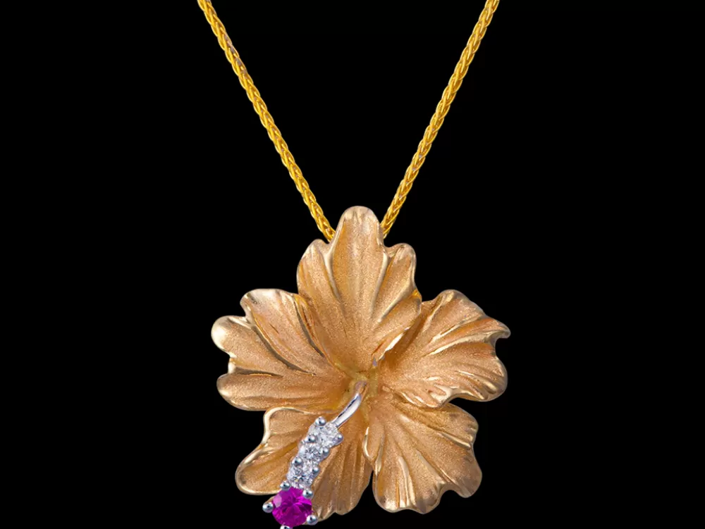 Hawaiian Jewelry | Denny Wong 14K Hibiscus Pendant With 3 Diamonds And Ruby