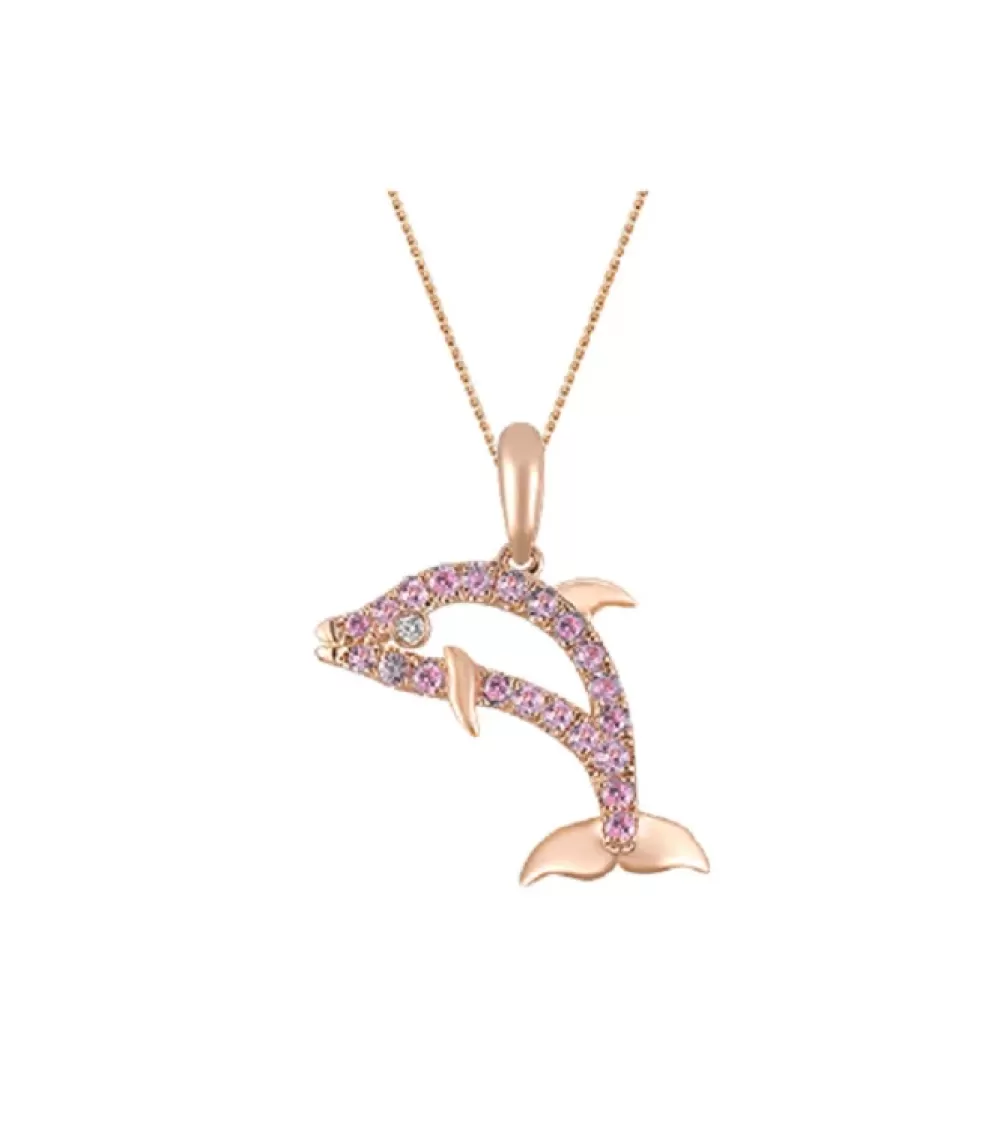 Hawaiian Jewelry | Denny Wong 14K Rose Gold Dolphin Pendant With Diamond And Pastel Pink Sapphires