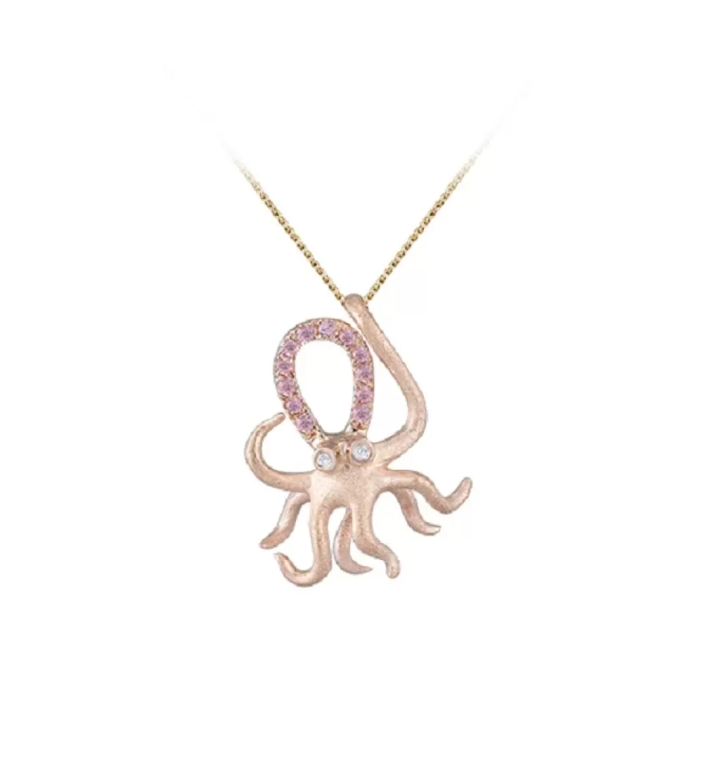 Pendants & Necklaces | Denny Wong 14K Rose Gold Octopus Pendant With 2 Diamonds And 12 Pastel Pink Sapphires